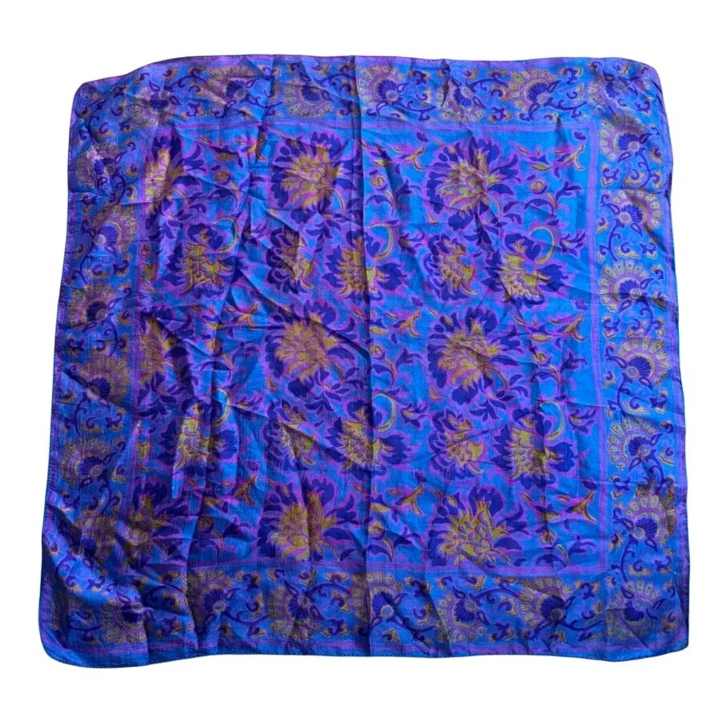 Vintage Hand Woven 100% Pure Silk Scarf Blue Purple Floral Paisley India 25x25